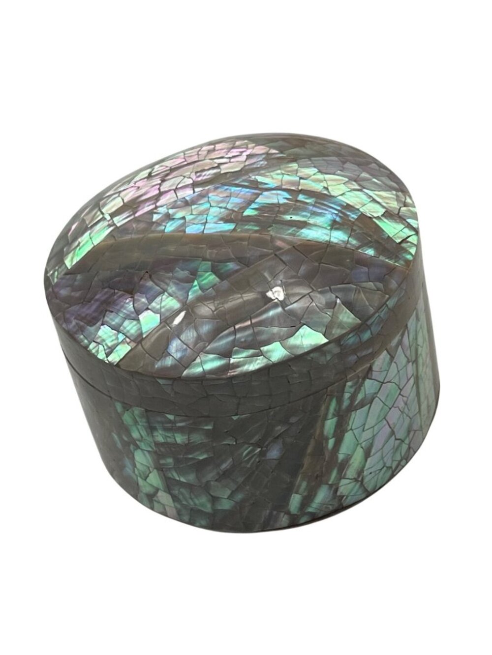 Round Mother Of Pearl Mosaic Jewelry Box With Hinged Lid 3" Tall 4" Diameter 70k